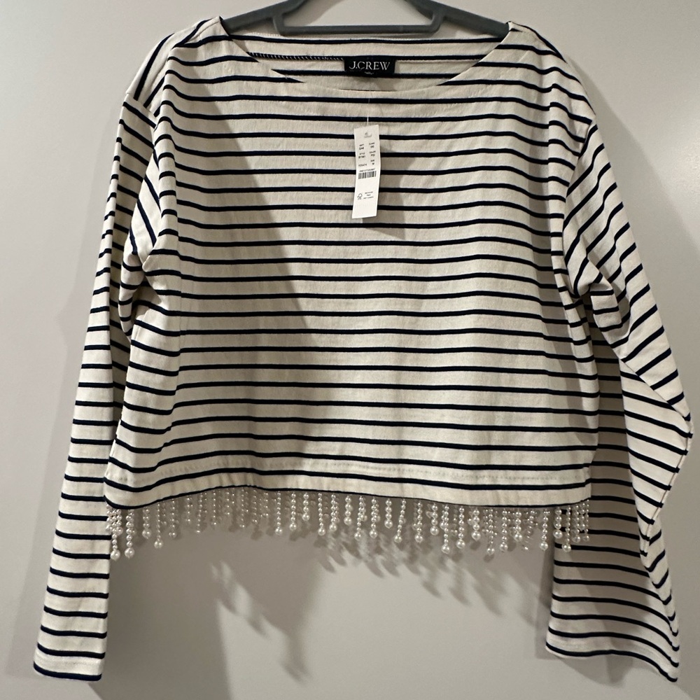 J. Crew Pearl fringe long sleeve T shirt in stripe